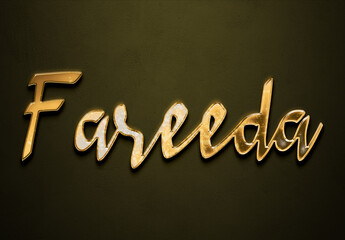 Old gold text effect of Arabic name Fareeda with 3D glossy style Mockup.