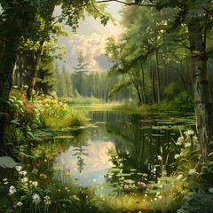 Fototapeta premium Serene Forest Lake: Tranquil Oasis of Nature Beauty