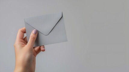 A femalewoman hand hold a grey envelope and post card isolated white at the studio : Generative AI
