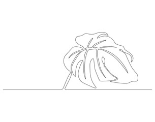 Continuous one line drawing of monstera leaf. One line drawing illustration of monstera. Tropical leaves concept line art. Editable outline.