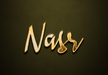 Old gold text effect of Arabic name Nasr with 3D glossy style Mockup.