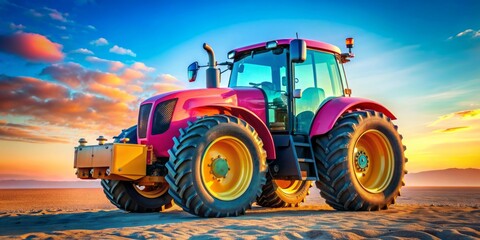 Pink Tractor in Golden Hour Landscape
