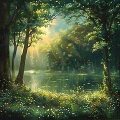 Fototapeta premium Tranquil Forest Lake: Serene Nature Scene with Lush Greenery and Wildflowers Bathed in Soft Sunlight