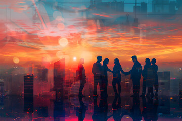 Fototapeta premium A sunset over a city with silhouettes of people shaking hands.