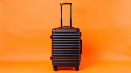 Fototapeta premium A black suitcase with a silver handle sits on a bright orange background