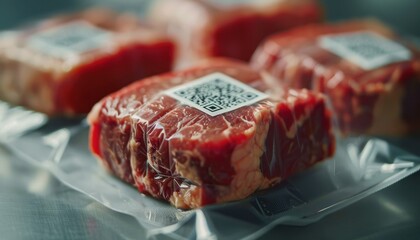 Raw steak with QR code label in vacuum-sealed packaging sits on a metallic surface, highlighting...