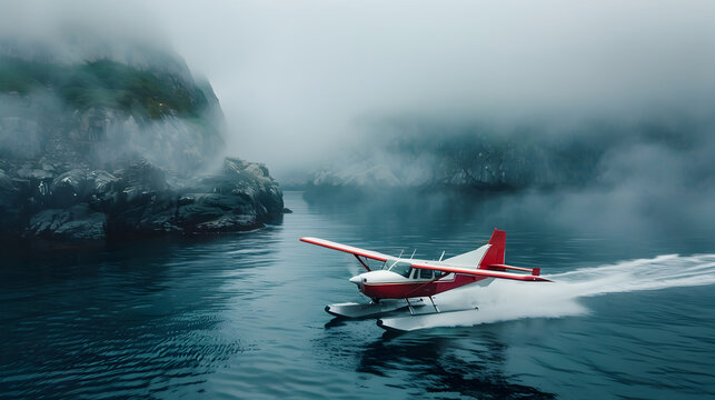 Seaplane Navigating Through Misty Coastal Cliffs on a Mysterious Journey