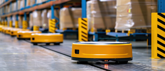 Fototapeta premium A warehouse with robots moving boxes