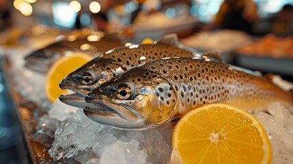 A visually appealing display of fresh fish with lemon slices on crushed ice, emphasizing their freshness and readiness to be bought at a local seafood market.
