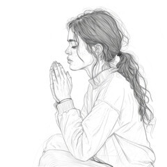 Detailed Pencil Sketch of a Young Woman in Profile View with Hands Clasped in Prayer, Wearing a Sweater, and Hair Tied Back in a Ponytail