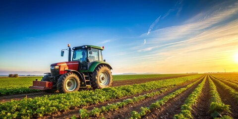 Red Tractor on a Green Field at Sunset