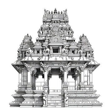 recommend clip art: Intricate Line Drawing of Traditional Indian Temple Architecture with Detailed Ornamentation and Symmetrical Design