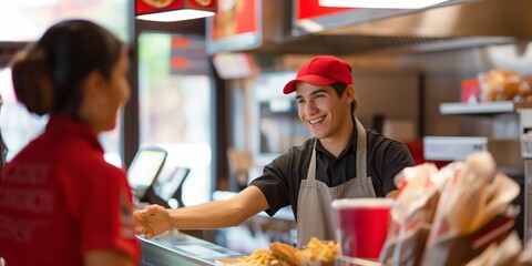 A cheerful customer paying a cashier at a fast food restaurant, highlighting a positive shopping experience.