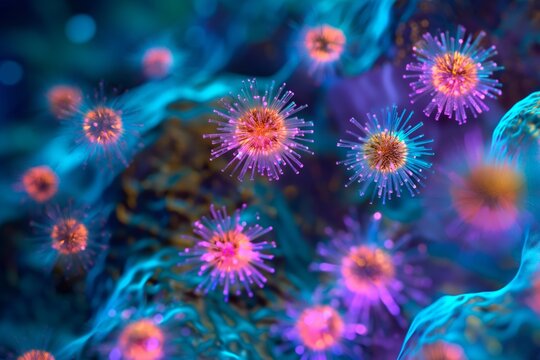 Beautiful violet and blue coronavirus cells in a macro, scientific illustration with a colorful background.