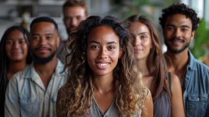Obraz premium A young woman with curly hair stands in front of a diverse group of people, all smiling and looking at the camera. The setting appears to be indoors with plants in the background.