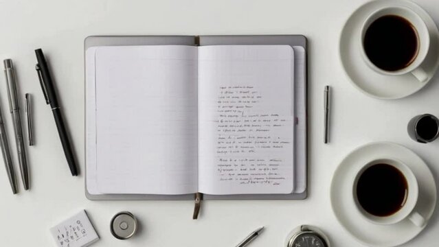 cup of coffee and notebook on table