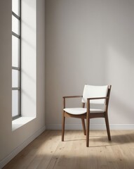 A high-quality photograph of a modern chair placed in the corner of a spacious, empty room. The simplicity and clean lines of the chair and room exemplify minimalist design.