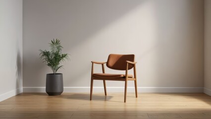 A high-quality photograph of a modern chair placed in the corner of a spacious, empty room. The simplicity and clean lines of the chair and room exemplify minimalist design.