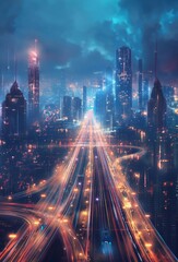 Futuristic city and highway at night ai art