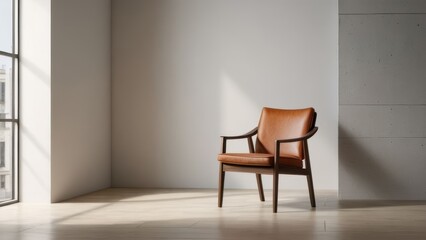 A high-quality photograph of a modern chair placed in the corner of a spacious, empty room. The simplicity and clean lines of the chair and room exemplify minimalist design.