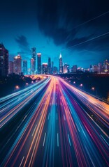 Fototapeta premium Futuristic city and highway at night ai art