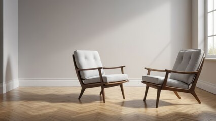 A high-quality photograph of a modern chair placed in the corner of a spacious, empty room. The simplicity and clean lines of the chair and room exemplify minimalist design.