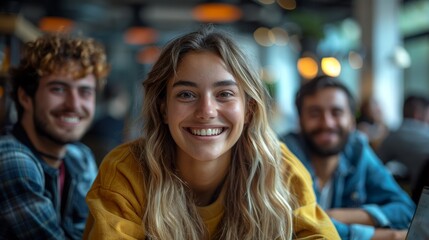 A joyful young woman in a yellow sweater smiles at the camera, surrounded by two friends in a lively social setting, evoking a strong sense of friendship and happiness.