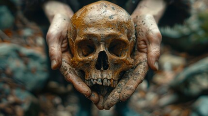 Close-up of a person’s mud-covered hands carefully holding a human skull, set against a natural outdoor setting, emphasizing the concept of mortality and connection to nature.