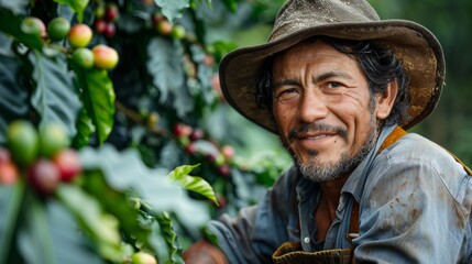 Obraz premium A man wearing a hat smiles warmly surrounded by coffee fruits in a lush plantation, highlighting the zeal of the hardworking agricultural life in a vibrant natural setting.