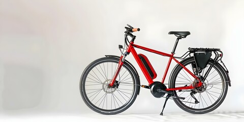 Fototapeta premium Red modern middrive electric bike on white background for city touring. Concept City Touring, Modern Electric Bike, Mid-Drive, Red Color Scheme, White Background