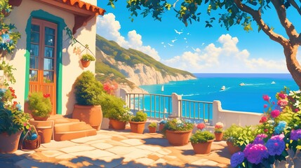 Fototapeta premium A landscape of Mediteranean sea coast with beautiful courtyard full of blossoms