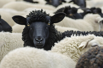 A black sheep standing out among a flock.
