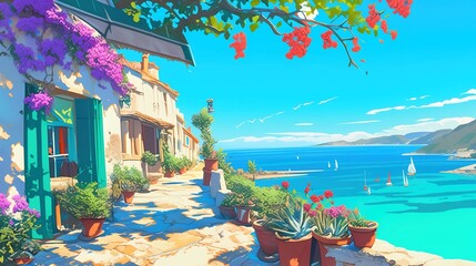 A landscape of Mediteranean sea coast with beautiful courtyard full of blossoms