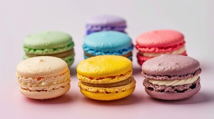 Fashionable almond cake macaron with gooey center and crunchy shell in modern French pastry Array of homemade multicolored treats