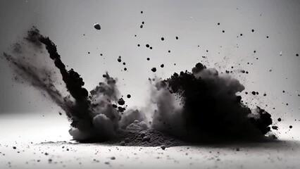 Black chalk pieces and powder flying, explosion effect isolated on white.4k60fps