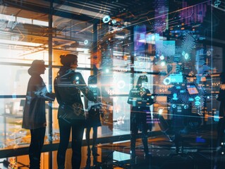 Team collaborating in a futuristic office with holographic technology and digital displays, symbolizing innovation and modern business solutions.