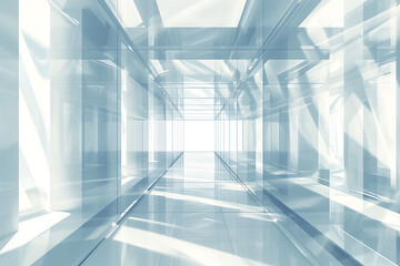 A long, narrow hallway with a lot of glass windows, creating a bright.