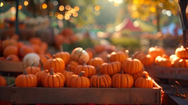 A charming display of pumpkins at a pumpkin patch during autumn. The warm, golden light and festive atmosphere capture the essence of the fall season.