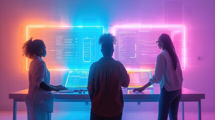 Three people collaborating with futuristic holographic displays, analyzing data in a neon-lit environment.