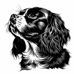 A black and white drawing of a Cavalier King Charles Spaniel dog