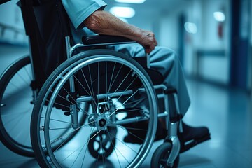 Obraz premium Wheelchair, disability and man hand holding wheel in a hospital for healthcare. Disabled, mobility problem and male person in a clinic for support and medical care with hands of patient and mockup.