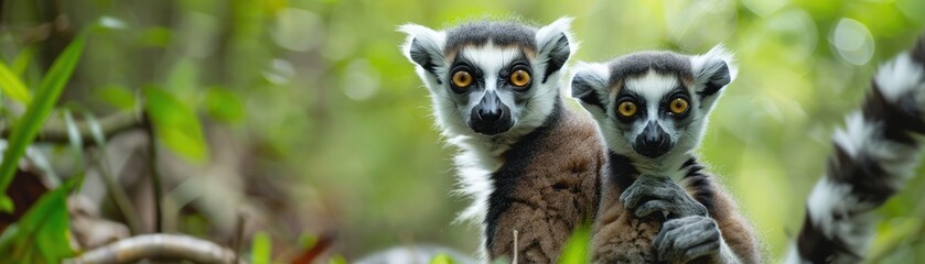 Obraz premium Two ring-tailed lemurs with striking eyes, perched amidst lush greenery in their natural habitat, alert and curious in Madagascar's wild.