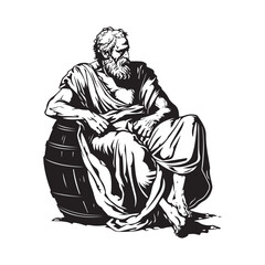 An elderly ancient Greek man sits next to a barrel of wine Image vector isolated on white background