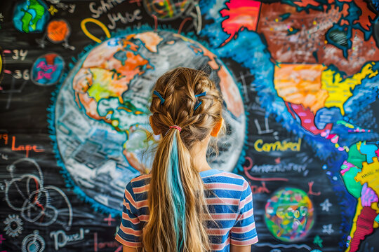 Petite fille regardant un tableau d'&eacute;cole avec une carte et une mappemonde faits &agrave; la a craie de couleur