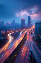 Fototapeta premium Highway in the future modern big city, nighttime, beautiful lights. ai art
