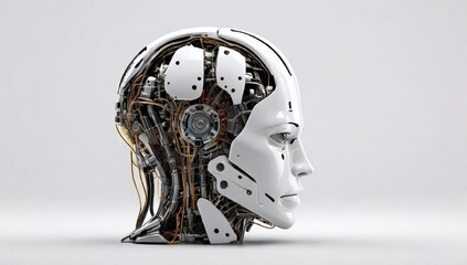 AI Artificial Intelligence Robot Head with digital graphic Brain Engine inside Isolated on white background with clipping path, 3D rendering