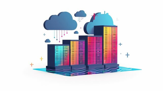 Colorful data center with cloud computing elements, representing modern technology and digital storage.