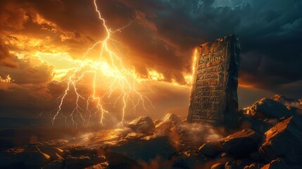 Ten Commandments Given on Mount Sinai: Lightning Illuminating Ancient Stone Tablets with Copy Space