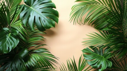 Fototapeta premium This image depicts a beautiful composition of tropical leaves against a neutral-colored wall, highlighting the natural, serene, and lush attributes of the tropical foliage.