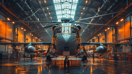 The image features a helicopter parked in an expansive, well-lit hangar, highlighting the modern engineering and design of aviation machinery amidst an industrial setting.